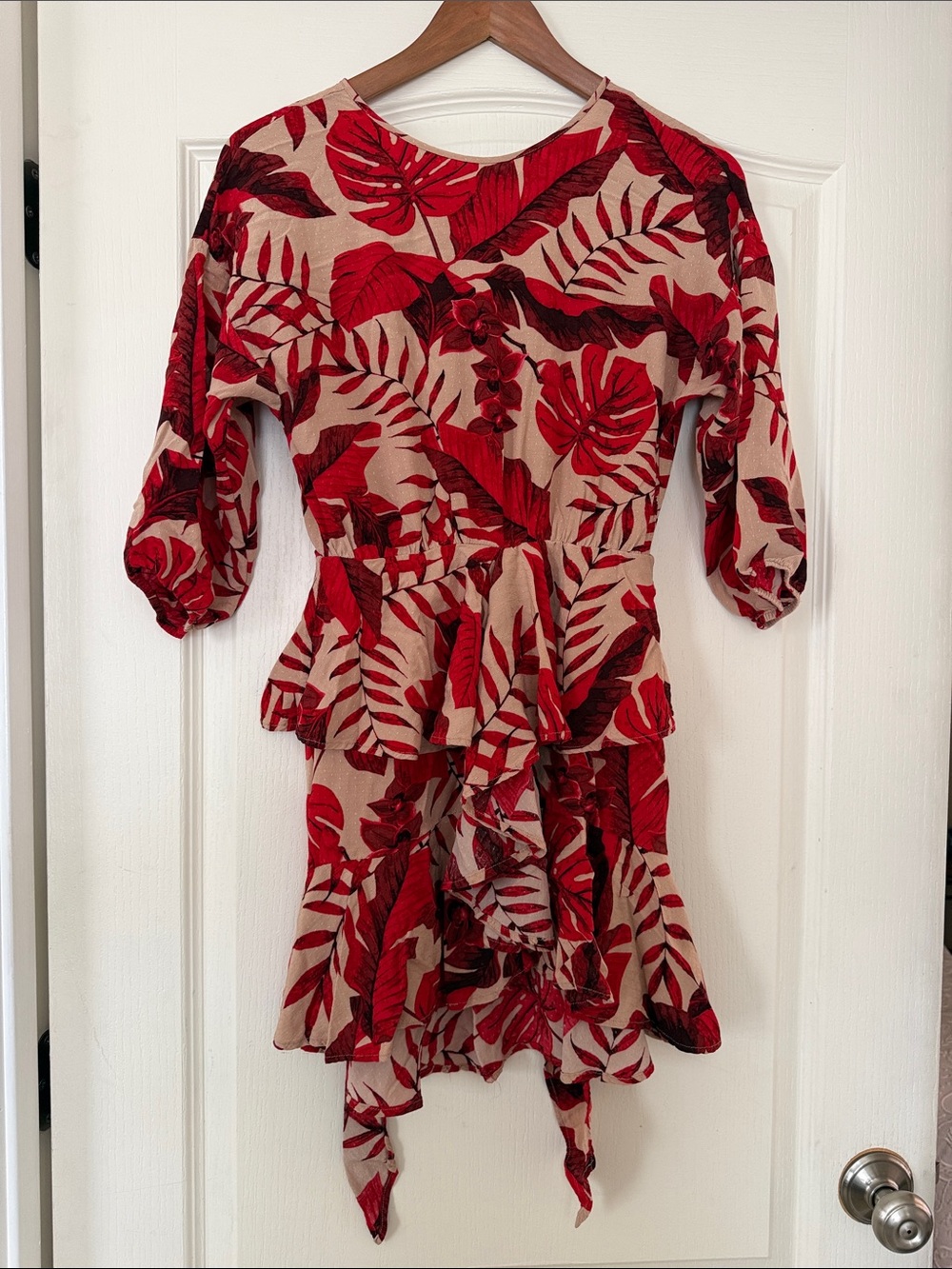 H&M X johanna ortiz Red and Beige Tropical Print Ruffle Dress